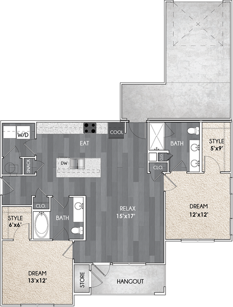 Floor plan for 2 beds, 2 baths, 1142 sqft